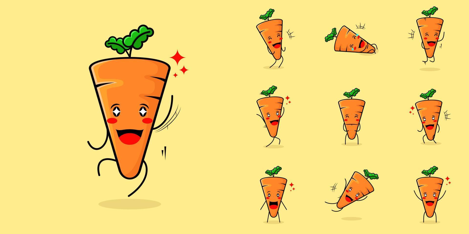 cute carrot character with smile and happy expression, jump, mouth open and sparkling eyes. green and orange. suitable for emoticon, logo, mascot and icon vector