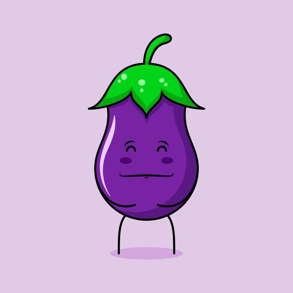 cute eggplant character with smile and happy expression, close eyes, both hands on stomach and smiling. green and purple. suitable for emoticon, logo, mascot and icon vector