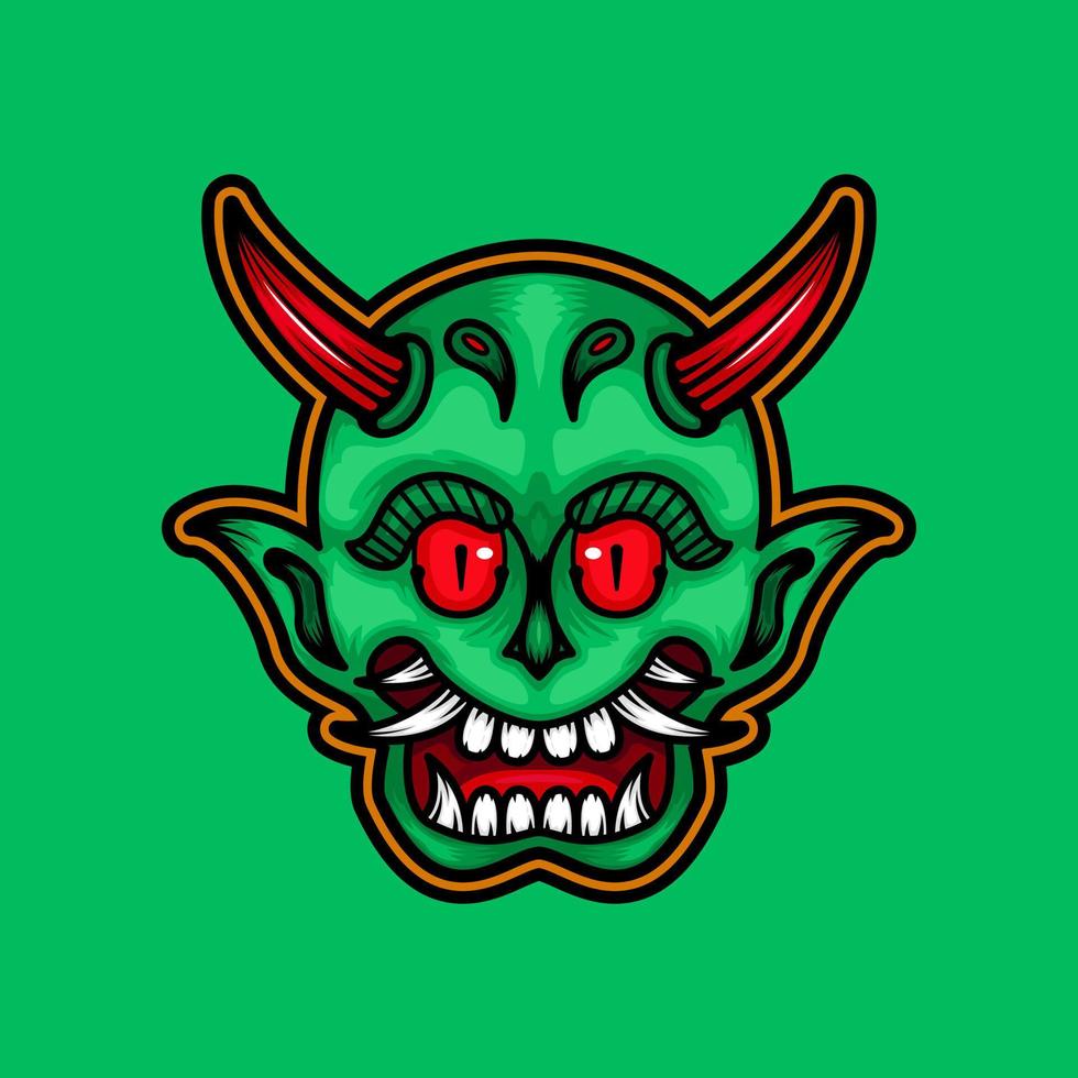 ilustración de una cabeza de demonio verde con cuernos rojos, ojos rojos y colmillos blancos. adecuado para el diseño de mascotas, logotipos o camisetas vector