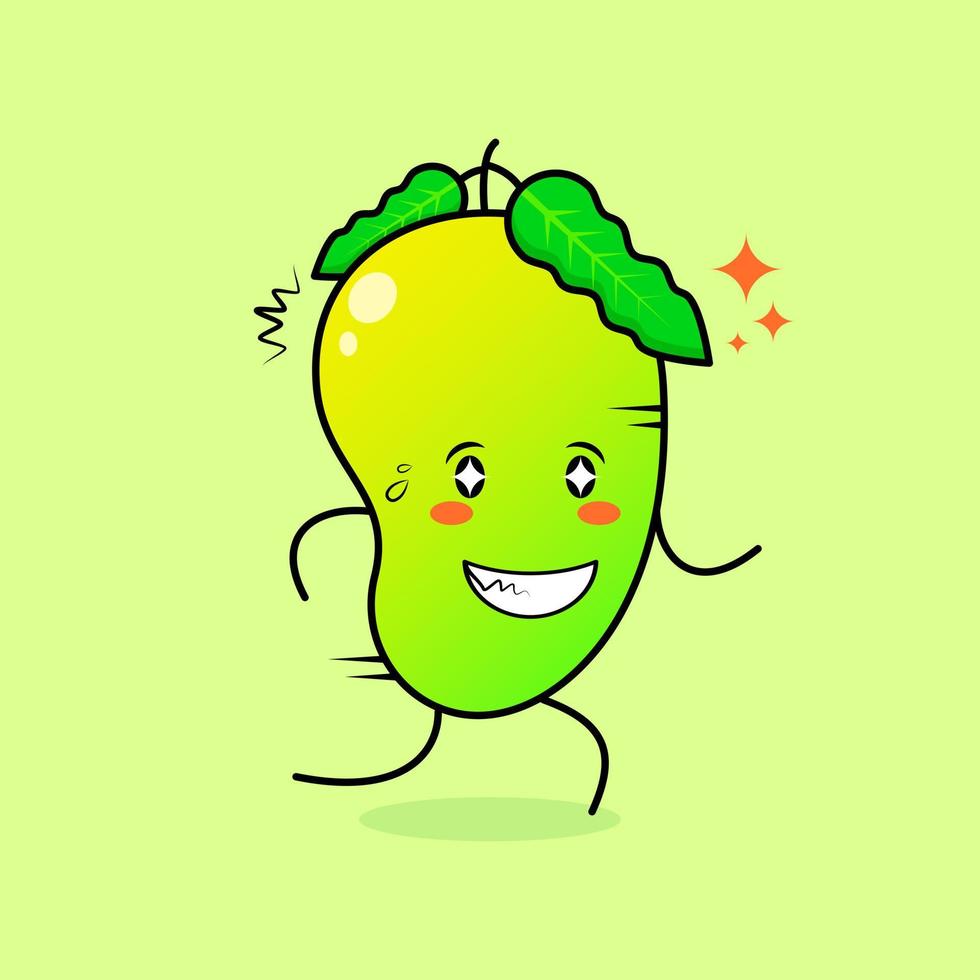 lindo personaje de mango con expresión feliz, ojos brillantes, correr y sonreír. verde y naranja. adecuado para emoticonos, logotipos, mascotas e iconos vector