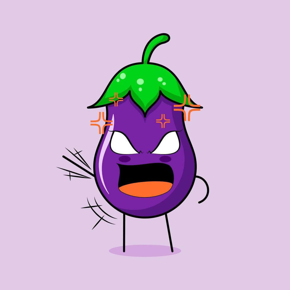 cute eggplant character with angry expression. green and purple. suitable for emoticon, logo, mascot. one hand raised, eyes bulging and mouth wide open vector
