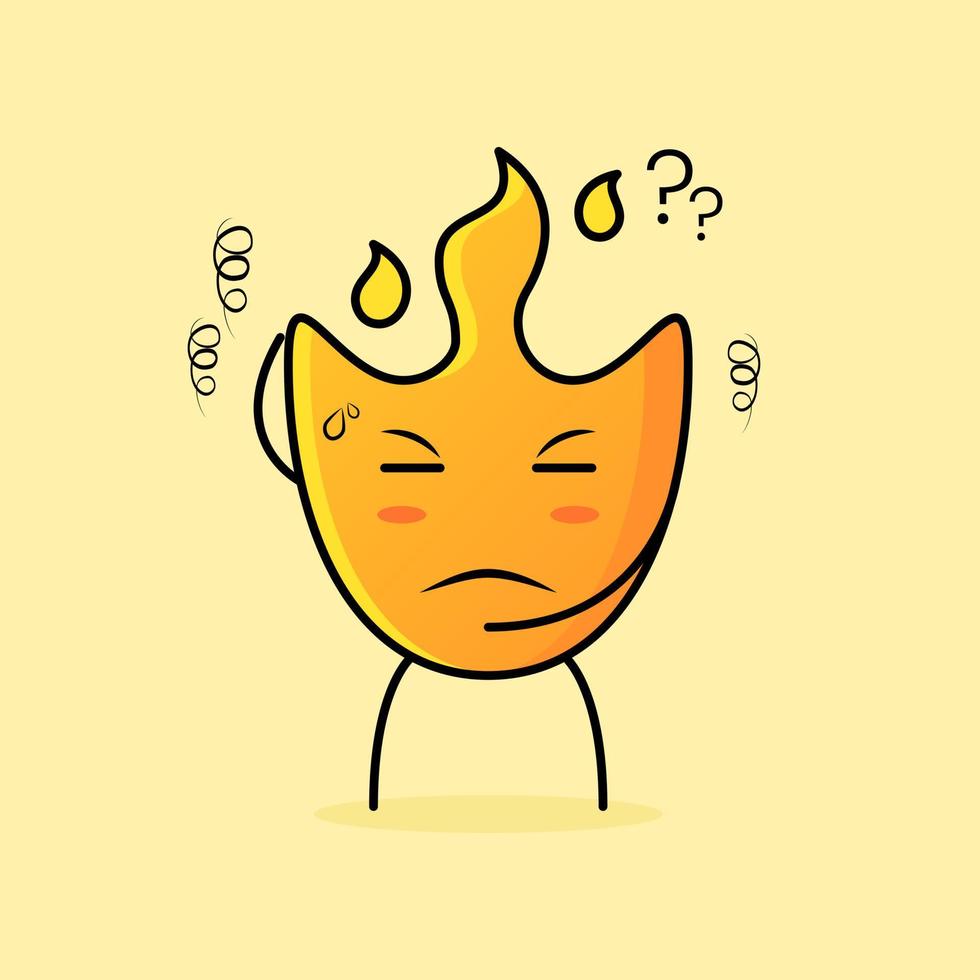 linda caricatura de fuego con expresión de pensamiento. ojos cerrados y manos sobre la cabeza. adecuado para logotipos, iconos, símbolos o mascotas vector