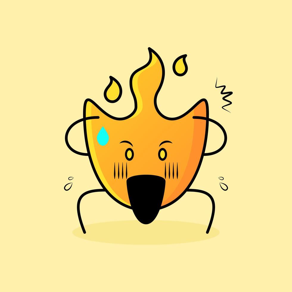 linda caricatura de fuego con expresión sorprendida. manos en la cabeza y boca abierta. adecuado para logotipos, iconos, símbolos o mascotas vector