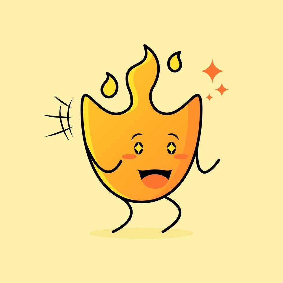 cute fire cartoon with happy expression. two hands clenched and sparkling eyes. suitable for logos, icons, symbols or mascots vector