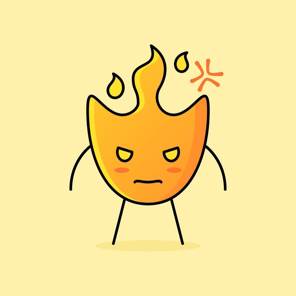 linda caricatura de fuego con expresión enojada. naranja y amarillo. ponerse de pie y mirar. adecuado para logotipos, iconos, símbolos o mascotas vector
