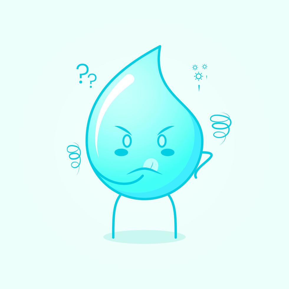 linda caricatura de agua con expresión de pensamiento y mano colocada en la barbilla. azul y blanco. adecuado para emoticonos, logotipos, mascotas y símbolos vector