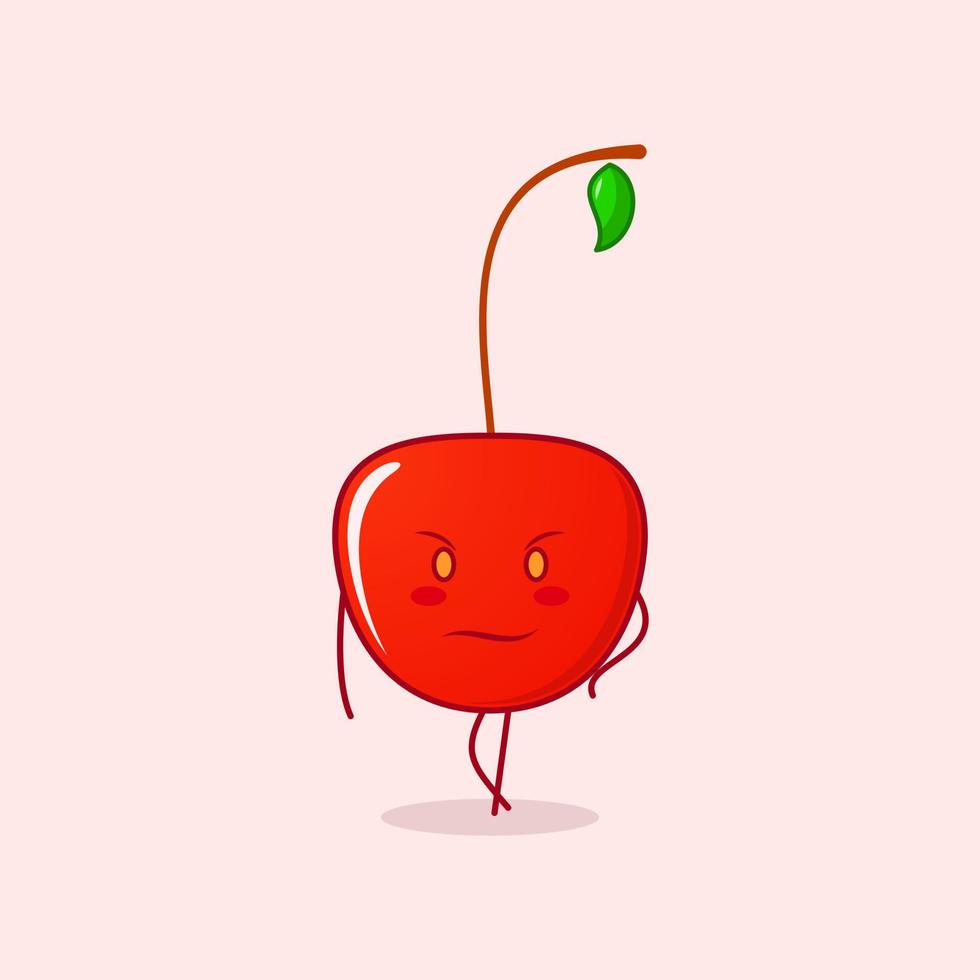 cute cherry cartoon character with cool and serious expression. red and green. suitable for emoticon, logo, mascot and symbol vector