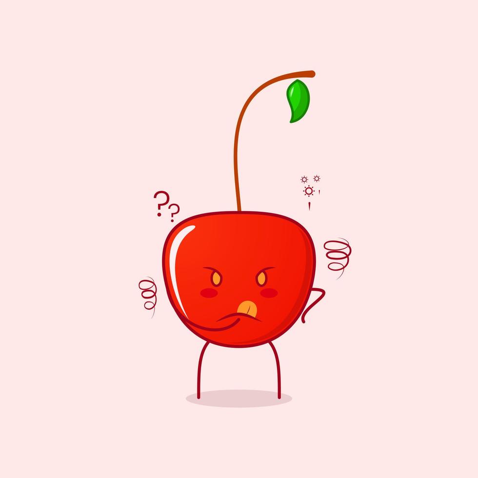 cute cherry cartoon character with thinking expression and hand placed on chin. red and green. suitable for emoticon, logo, mascot and symbol vector