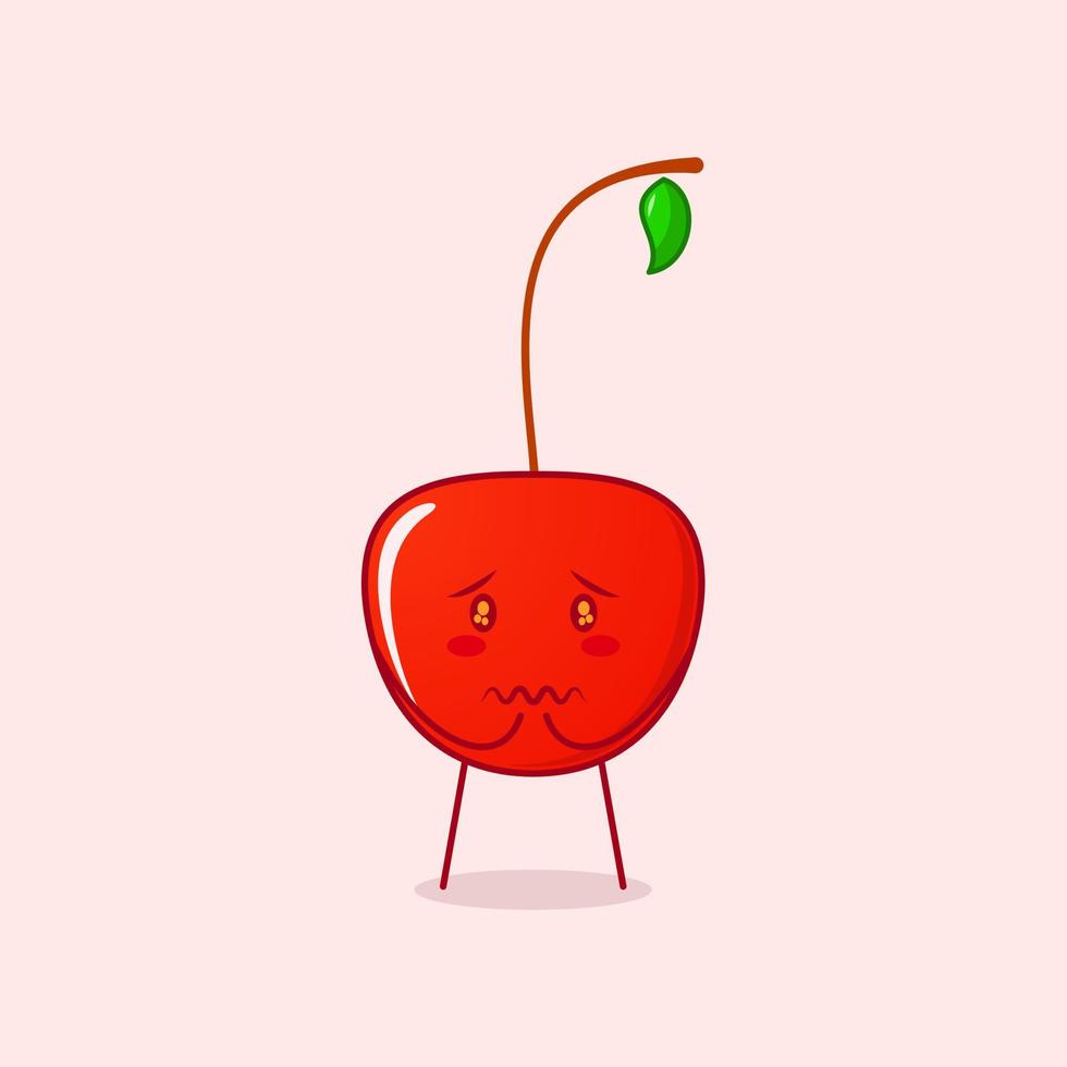 lindo personaje de dibujos animados de cereza con expresión triste. rojo y verde. adecuado para emoticonos, logotipos, mascotas y símbolos vector