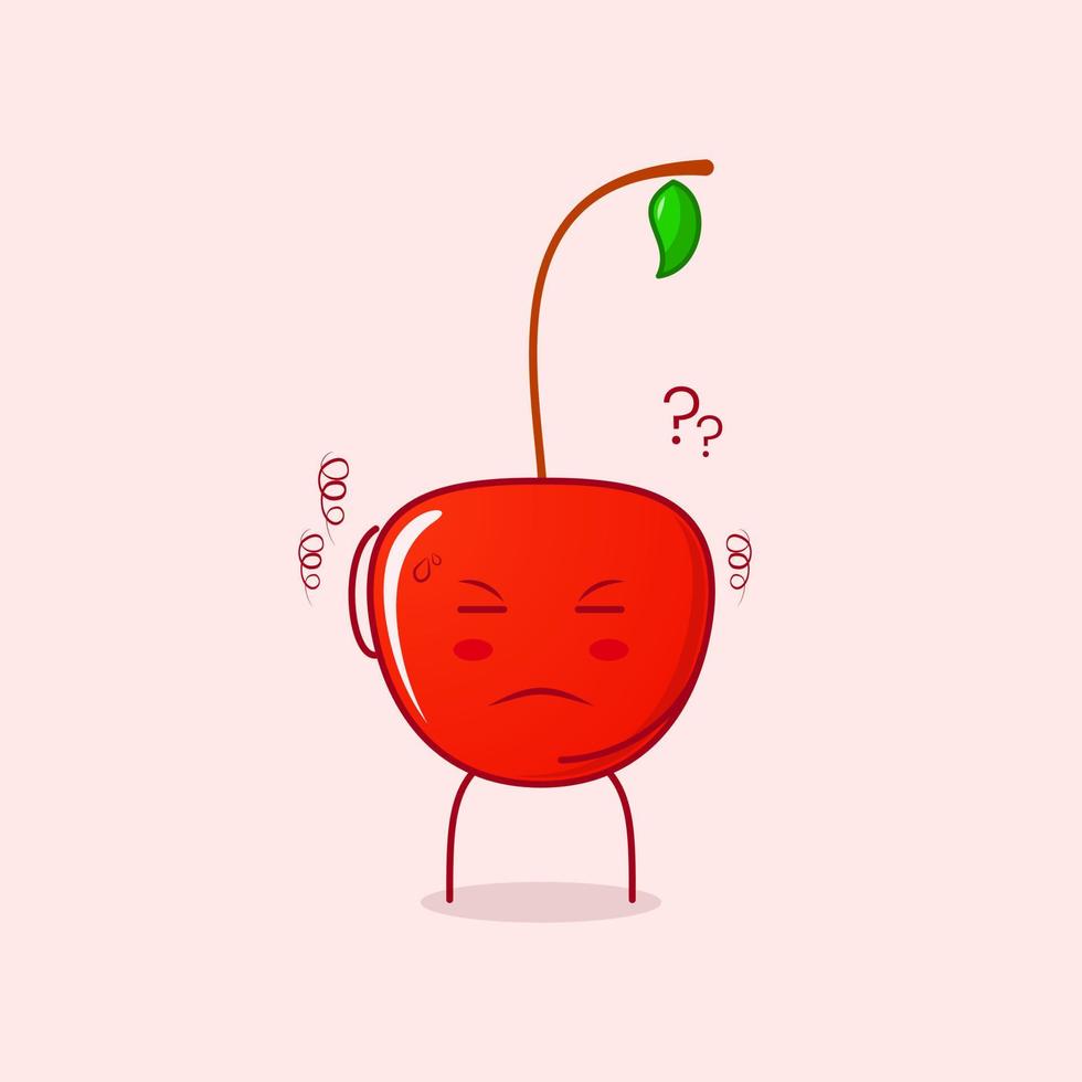 lindo personaje de dibujos animados de cereza con expresión de pensamiento, una mano en la cabeza y ojos cerrados. rojo y verde. adecuado para emoticonos, logotipos, mascotas y símbolos vector