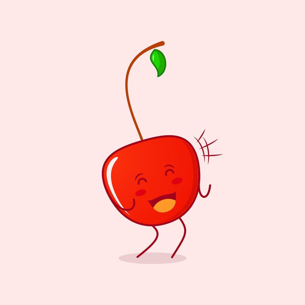 lindo personaje de dibujos animados de cereza con expresión feliz. cierra los ojos y abre la boca. adecuado para logotipos, iconos, símbolos o mascotas. rojo y verde vector