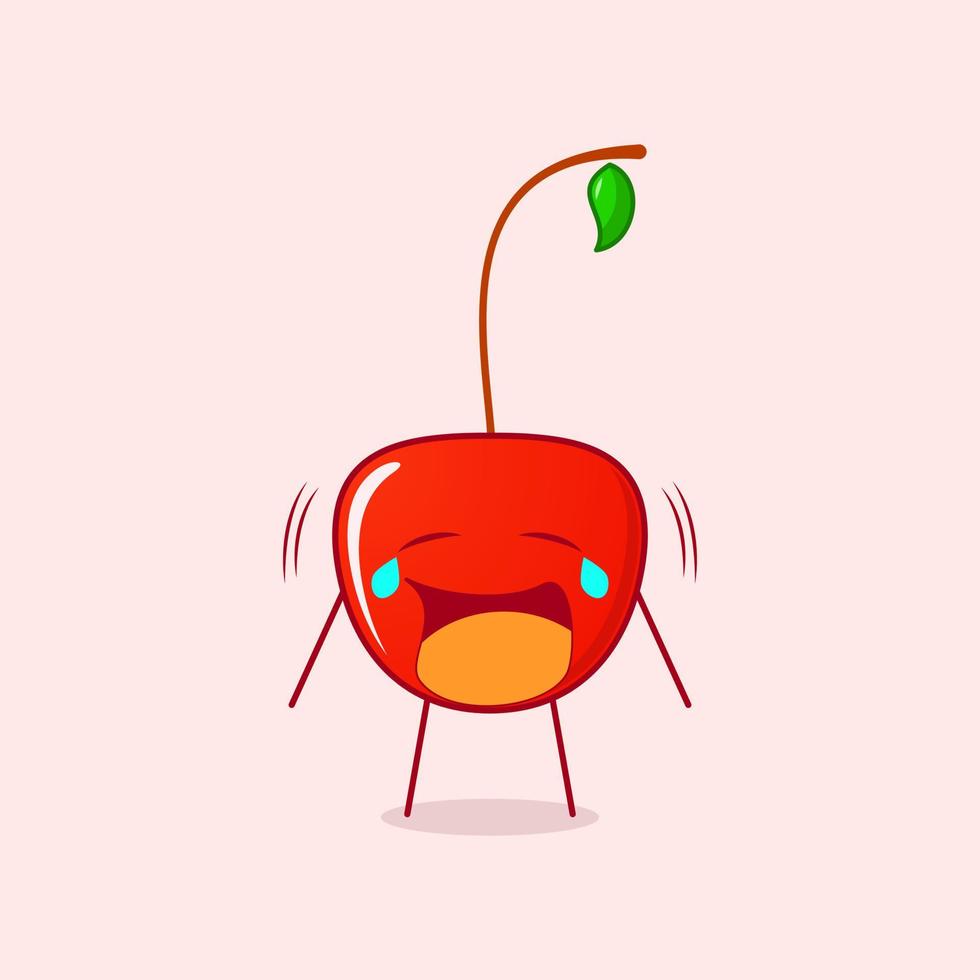 cute cherry cartoon character with crying expression. suitable for emoticon, logo, mascot and symbol. red and green vector