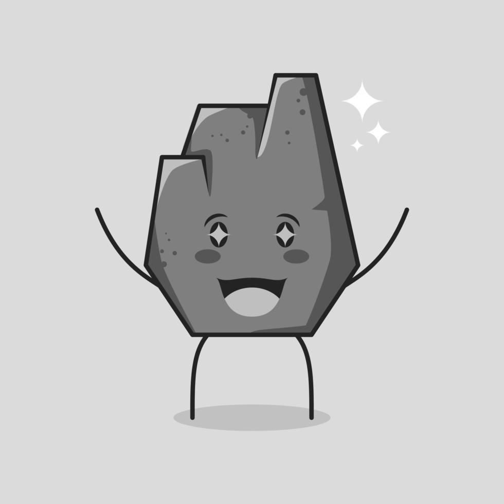 linda caricatura de piedra con expresión feliz. dos manos arriba, boca abierta y ojos chispeantes. adecuado para logotipos, iconos, símbolos o mascotas. gris vector