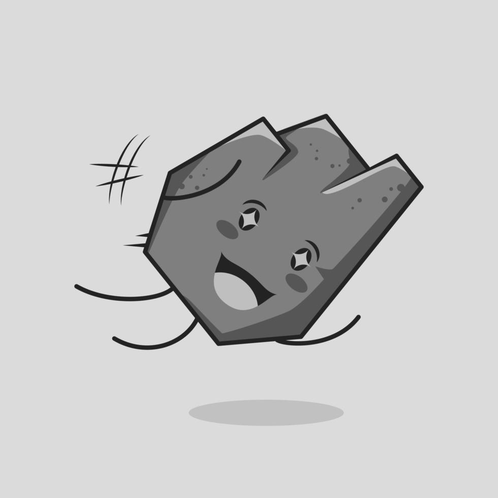 linda caricatura de piedra con expresión feliz. saltar mosca, boca abierta y ojos chispeantes. adecuado para logotipos, iconos, símbolos o mascotas. gris vector