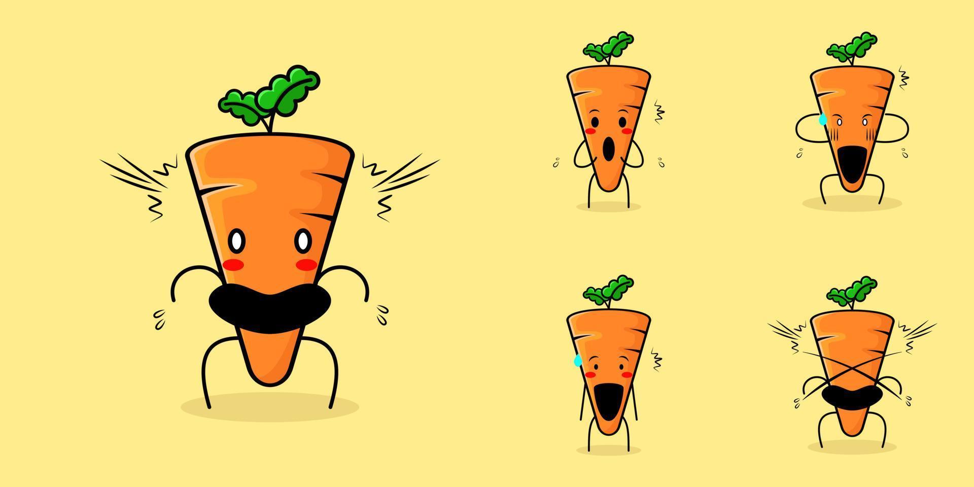 lindo personaje de zanahoria con expresión de asombro, boca abierta y ojos saltones. verde y naranja. adecuado para emoticonos, logotipos, mascotas o pegatinas vector
