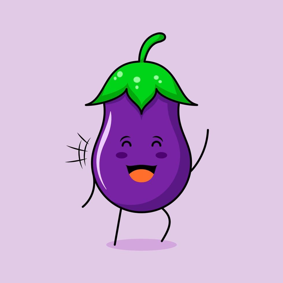 cute eggplant character with smile and happy expression, close eyes and one hand up. green and purple. suitable for emoticon, logo, mascot and icon vector