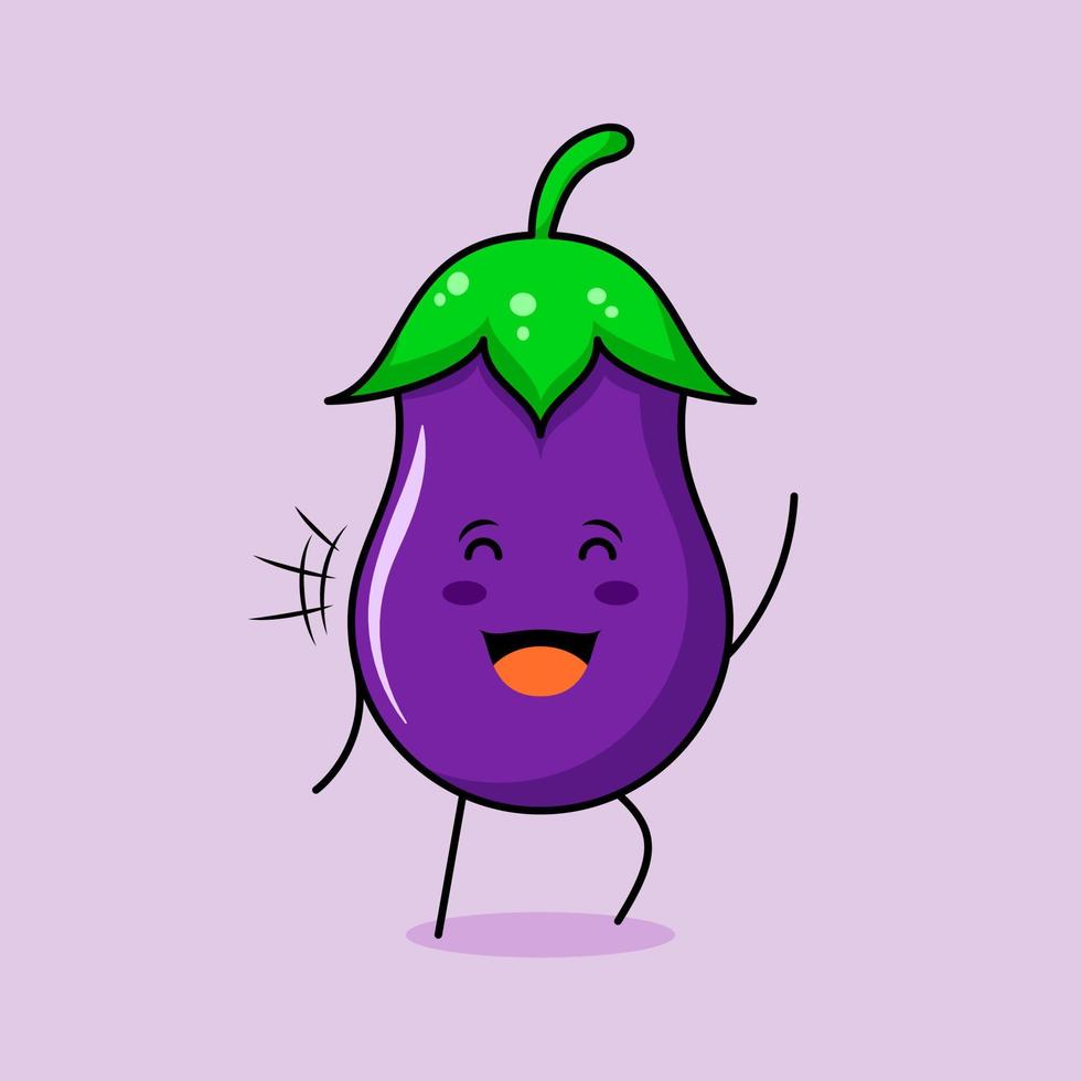 lindo personaje de berenjena con sonrisa y expresión feliz, ojos cerrados y una mano arriba. verde y morado. adecuado para emoticonos, logotipos, mascotas e iconos vector