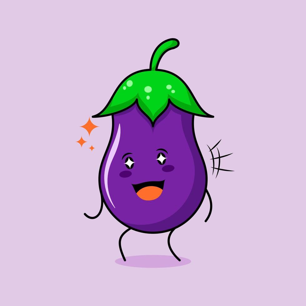 lindo personaje de berenjena con sonrisa y expresión feliz, boca abierta y ojos brillantes. verde y morado. adecuado para emoticonos, logotipos, mascotas e iconos vector