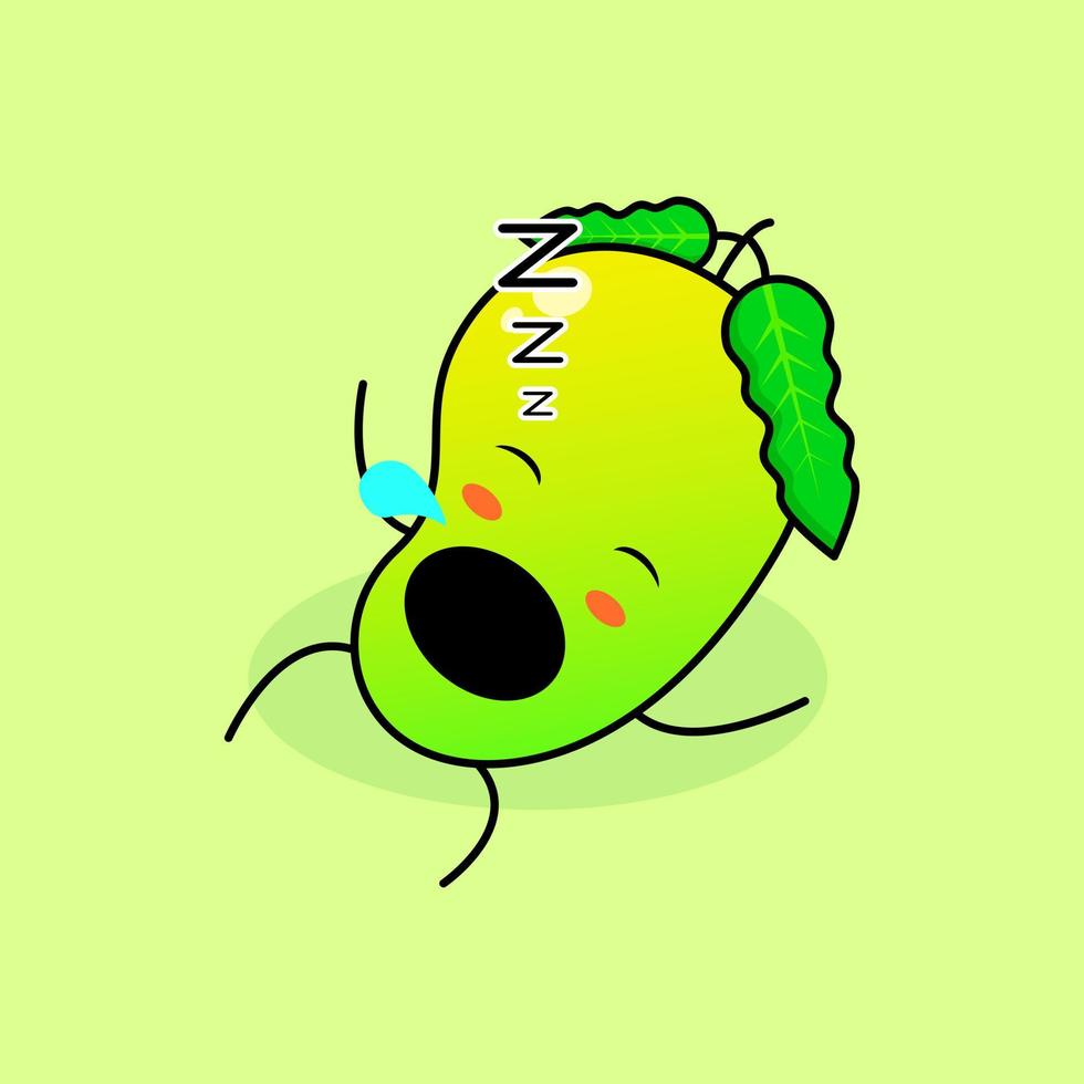 cute mango character with sleep expression, lie down, close eyes and mouth open. green and orange. suitable for emoticon, logo, mascot and icon vector