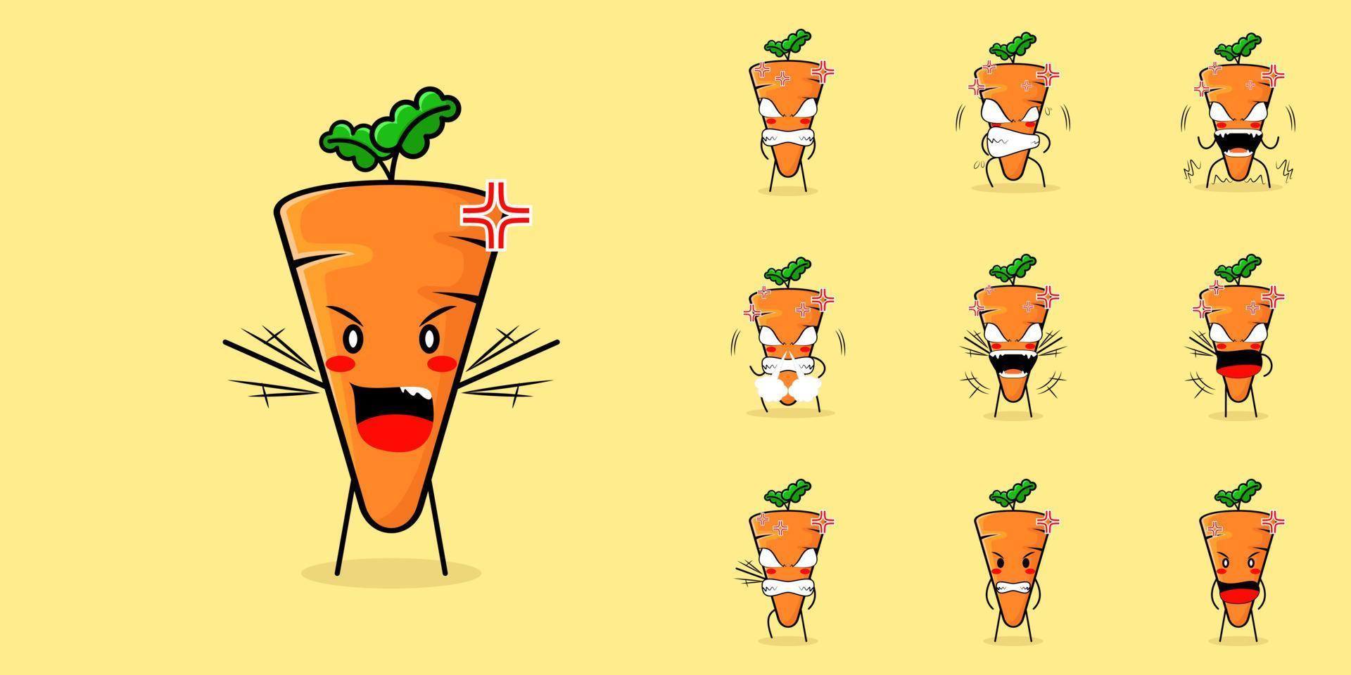 lindo personaje de zanahoria con expresión enojada. verde y naranja. adecuado para emoticonos, logotipos, mascotas vector