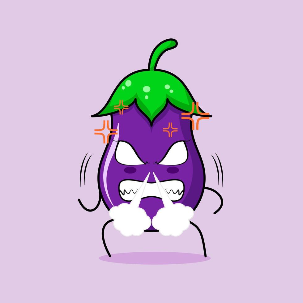 cute eggplant character with angry expression. nose blowing smoke, eyes bulging and grinning. green and purple. suitable for emoticon, logo, mascot vector