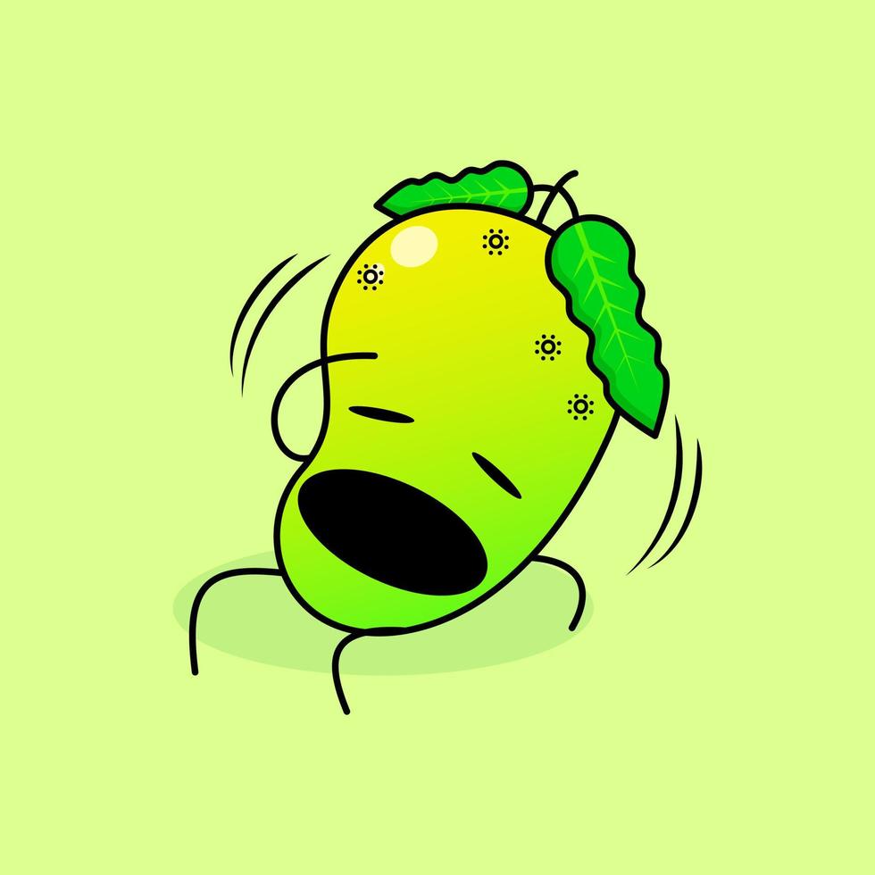 lindo personaje de mango con expresión mareada, boca abierta, sentarse y una mano en la cabeza. verde y naranja. adecuado para emoticonos, logotipos, mascotas e iconos vector