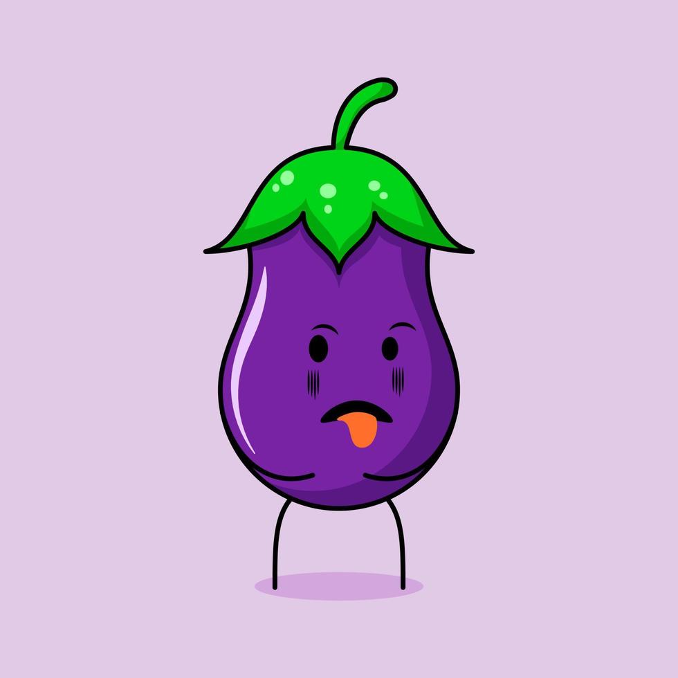 cute eggplant character with disgusting expression and tongue sticking out. green and purple. suitable for emoticon, logo, mascot and icon vector