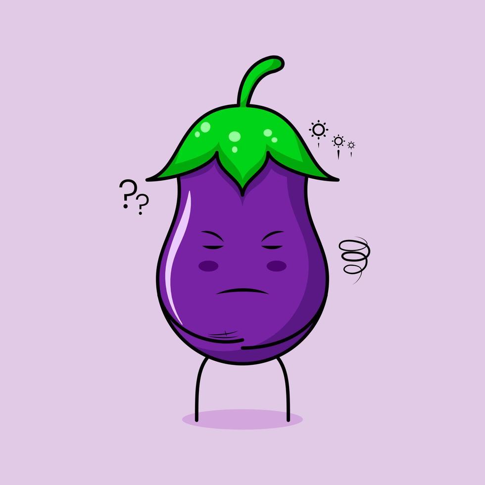 lindo personaje de berenjena con expresión de pensamiento y ojos cerrados. verde y morado. adecuado para emoticonos, logotipos, mascotas vector