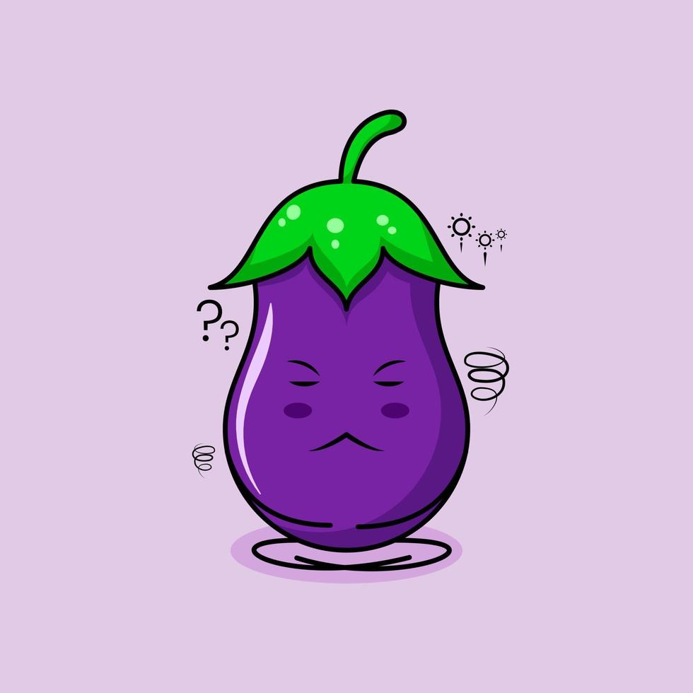 cute eggplant character with thinking expression, close eyes and sit cross-legged. green and purple. suitable for emoticon, logo, mascot vector