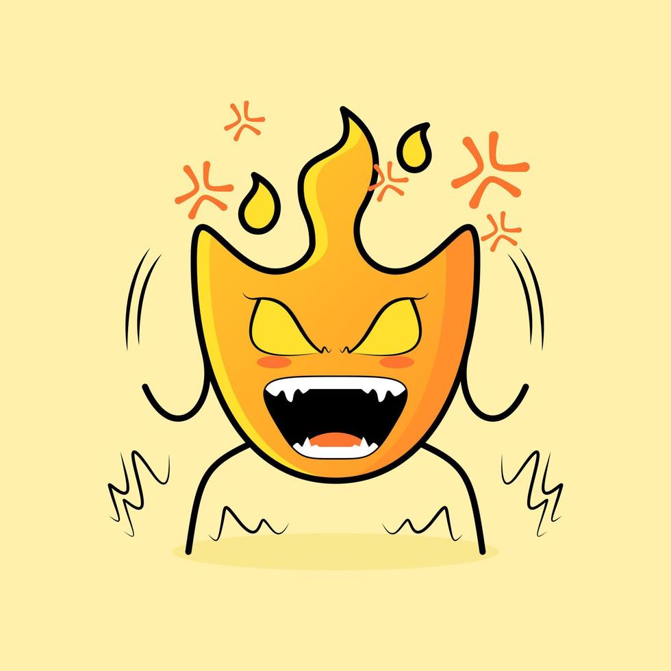 linda caricatura de fuego con expresión muy enojada. boca abierta y ojos saltones. adecuado para logotipos, iconos, símbolos o mascotas vector