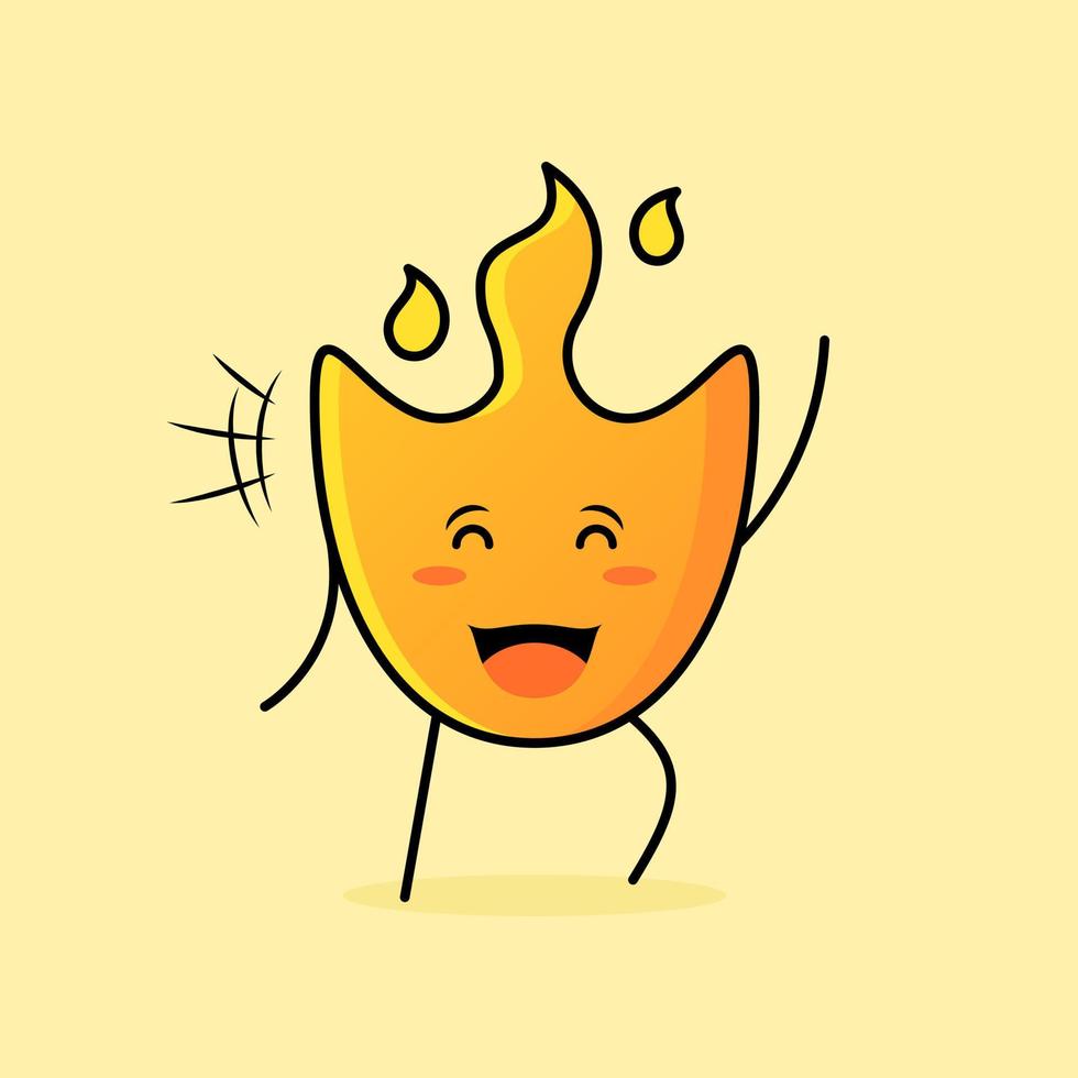 cute fire cartoon with smile and happy expression. close eyes and one hand up. suitable for logos, icons, symbols or mascots vector