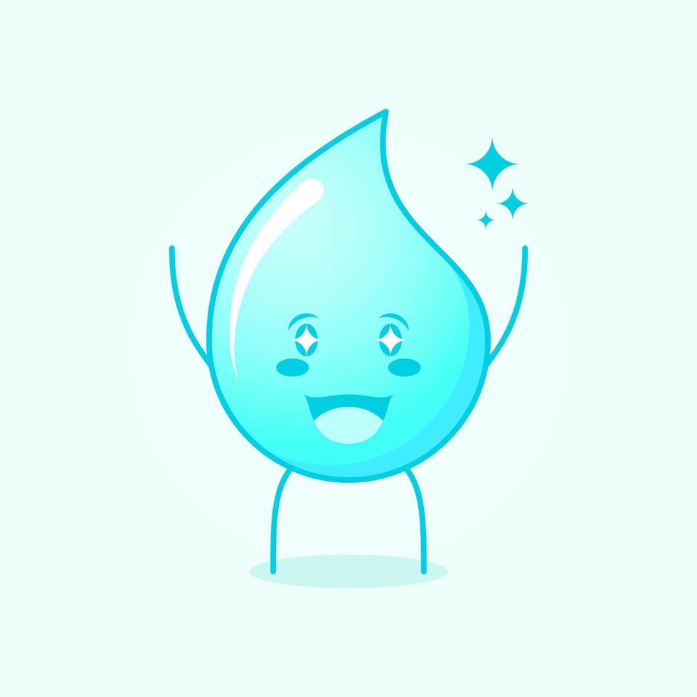 cute water cartoon with happy expression. two hands up, mouth open and sparkling eyes. suitable for logos, icons, symbols or mascots. blue and white vector
