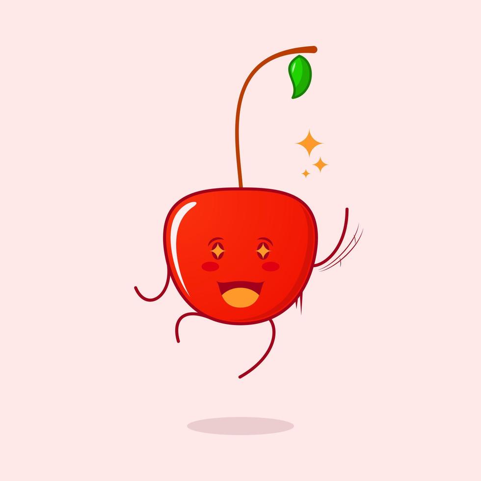 cute cherry cartoon character with happy expression. jump, one hand up, mouth open and sparkling eyes. suitable for logos, icons, symbols or mascots. red and green vector