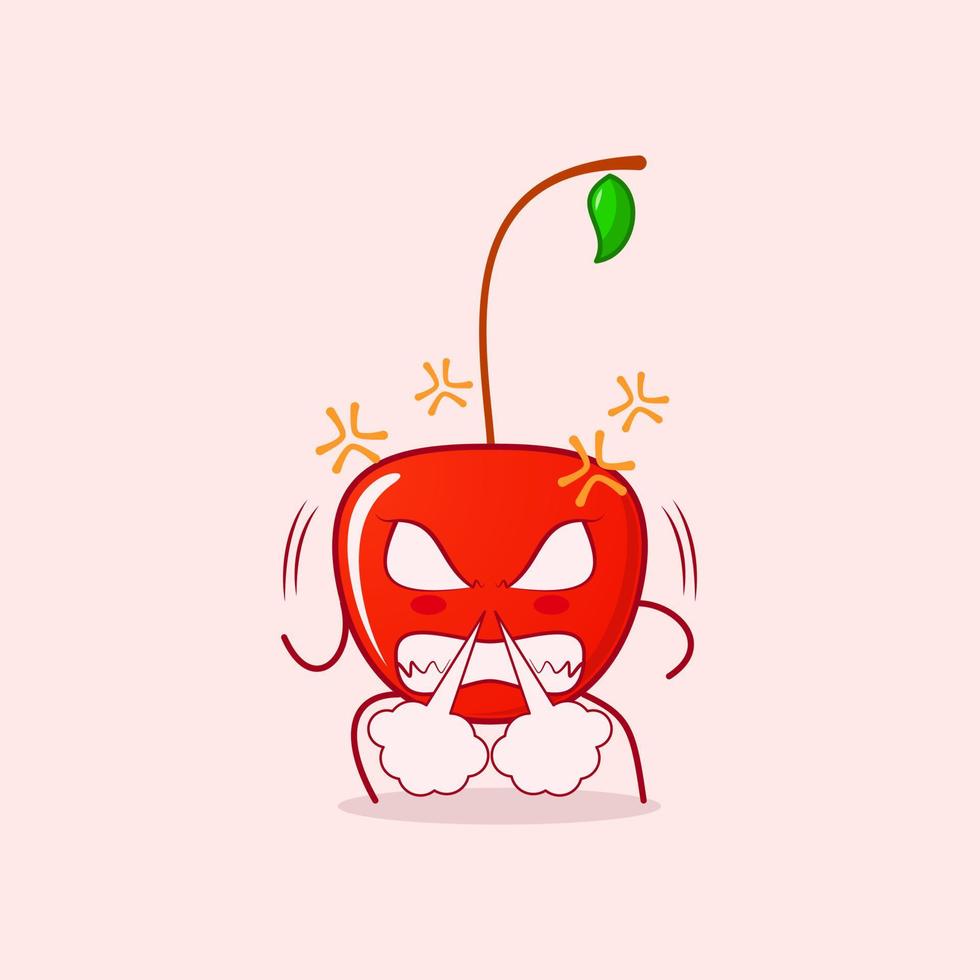 cute cherry cartoon character with angry expression. nose blowing smoke, eyes bulging and teeth grinning. red and green. suitable for logos, icons, symbols or mascots vector