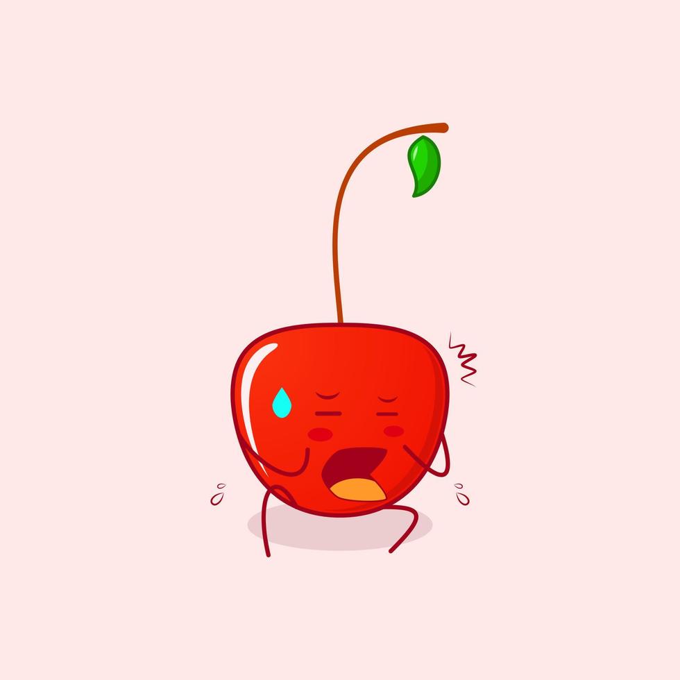 cute cherry cartoon character with afraid expression and sit down. green and red. suitable for emoticon, logo, mascot or sticker vector