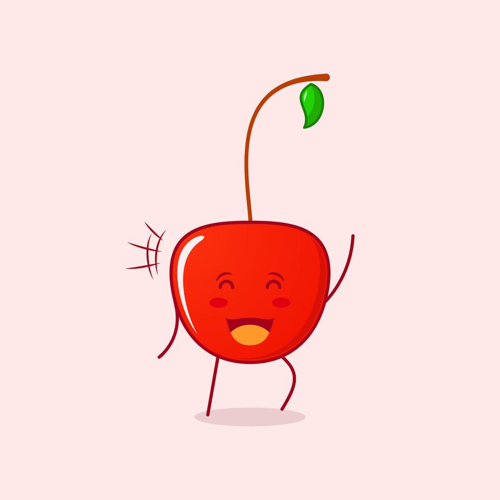 lindo personaje de dibujos animados de cereza con sonrisa y expresión feliz. cerrar los ojos y una mano arriba. adecuado para logotipos, iconos, símbolos o mascotas. rojo y verde vector