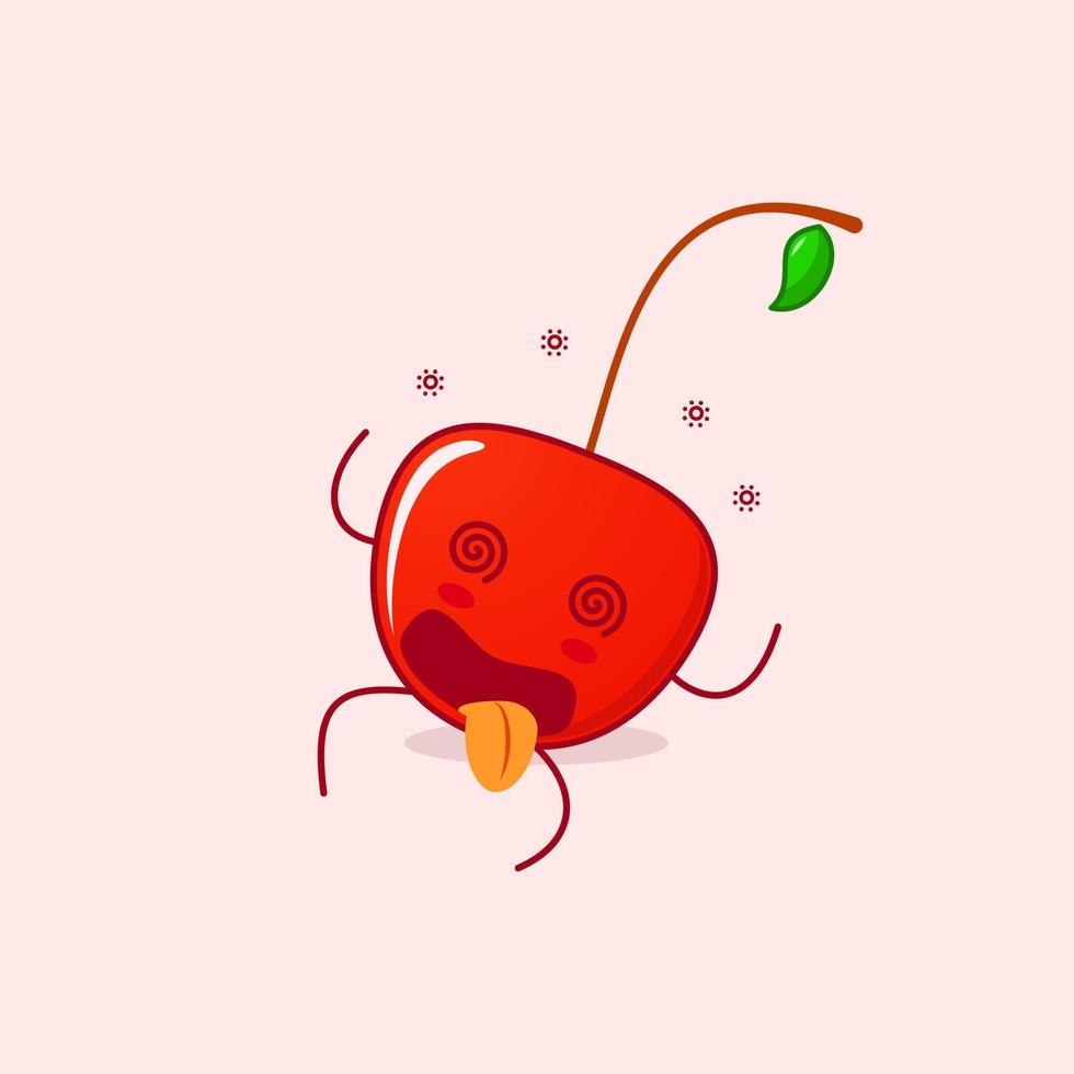 lindo personaje de dibujos animados de cereza con expresión mareada, ojos rodantes, acostarse y sacar la lengua. verde y rojo. adecuado para emoticonos, logotipos, mascotas e iconos vector