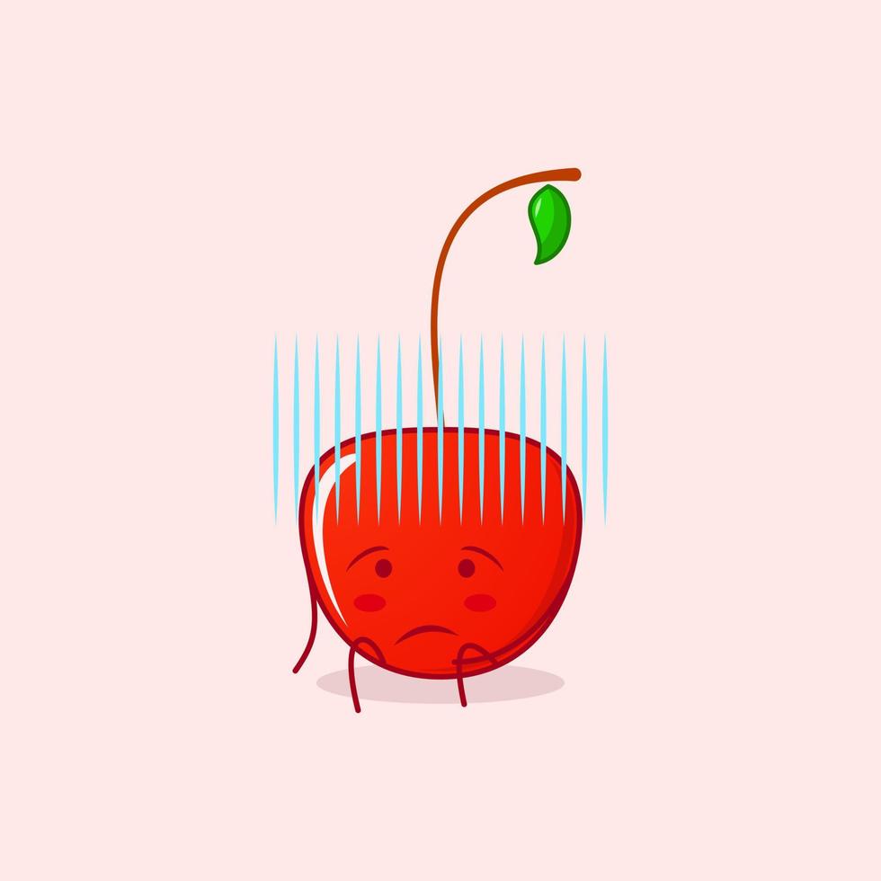 cute cherry cartoon character with hopeless expression and sit down. green and red. suitable for emoticon, logo, mascot and icon vector