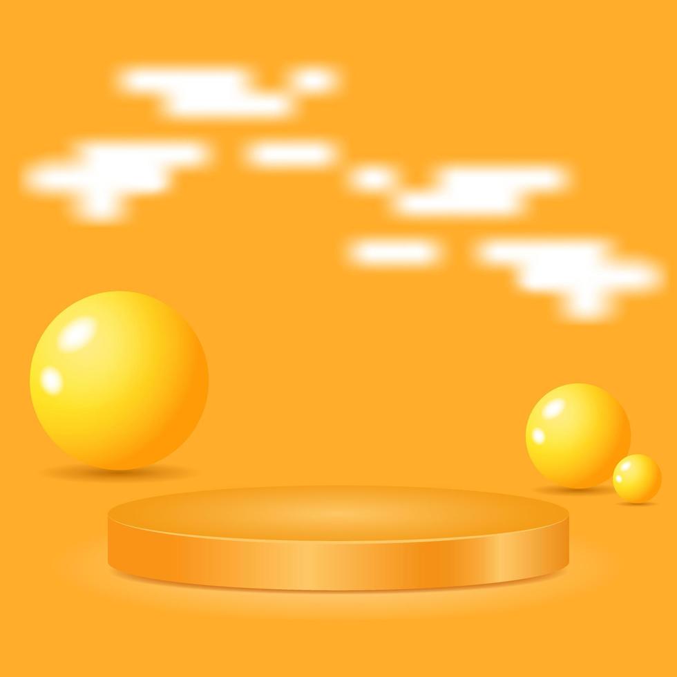 Podio de círculo 3d con fondo de bolas y nubes. dorado, naranja y blanco vector