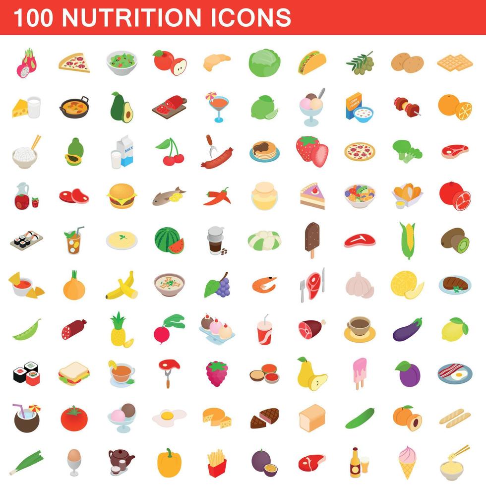 100 nutrition icons set, isometric 3d style vector