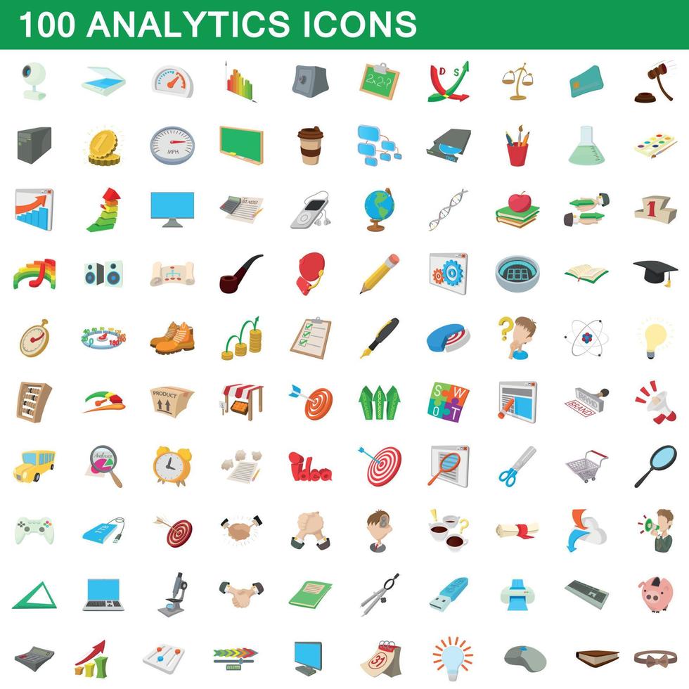 100 analytics icons set, cartoon style vector