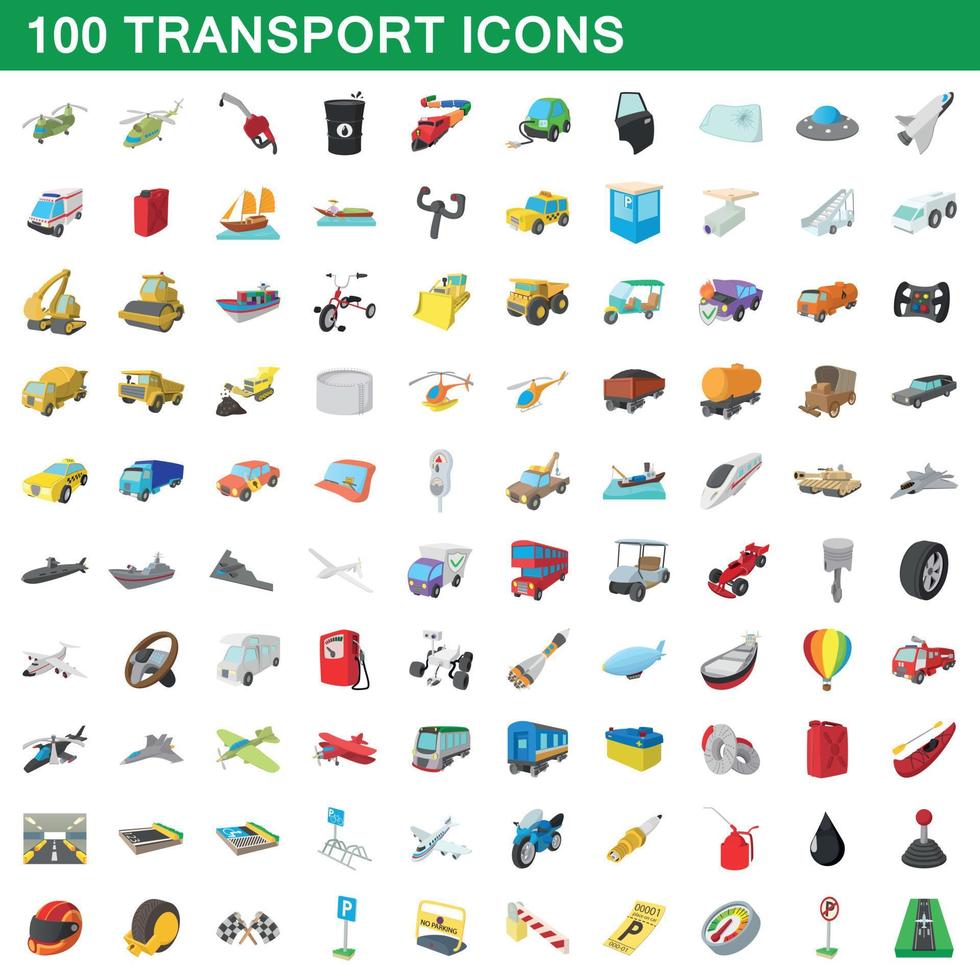 100 transport icons set, cartoon style vector