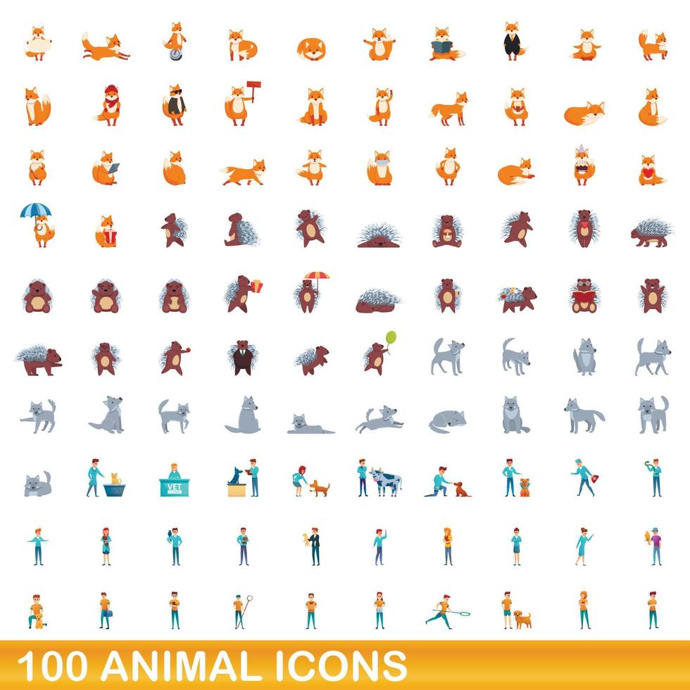 100 animal icons set, cartoon style vector