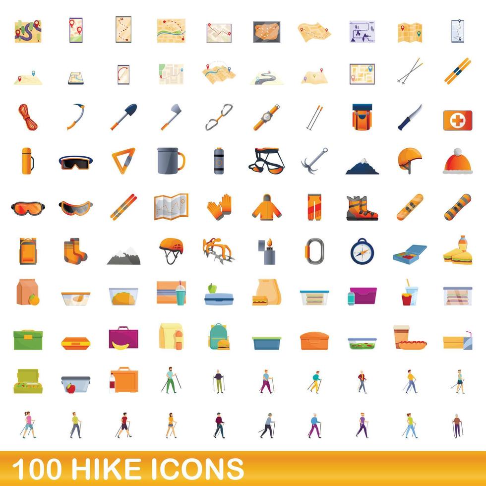 100 iconos de caminata, estilo de dibujos animados vector