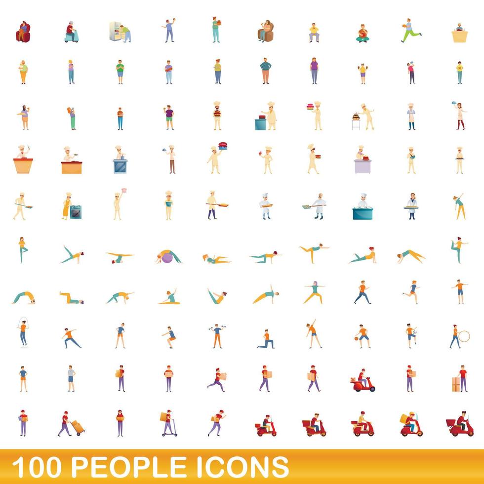 100 people icons set, cartoon style vector