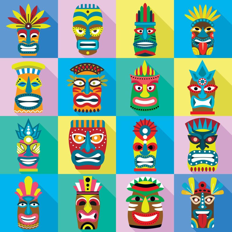 Tiki idols icons set, flat style vector