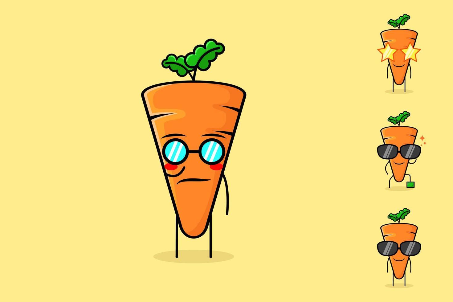 lindo personaje de zanahoria con expresión genial y anteojos. verde y naranja adecuado para emoticonos, logotipos, mascotas o pegatinas vector