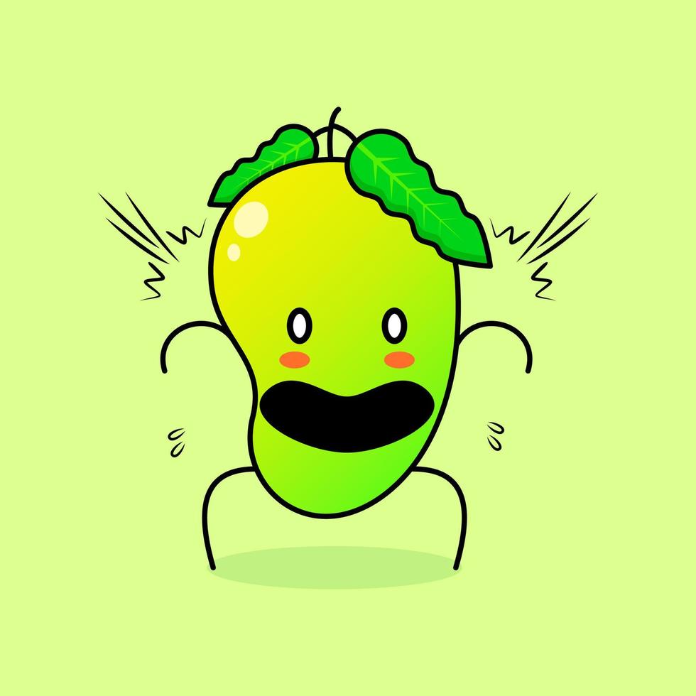 lindo personaje de mango con expresión de asombro, boca abierta y ojos saltones. verde y naranja. adecuado para emoticonos, logotipos, mascotas o pegatinas vector