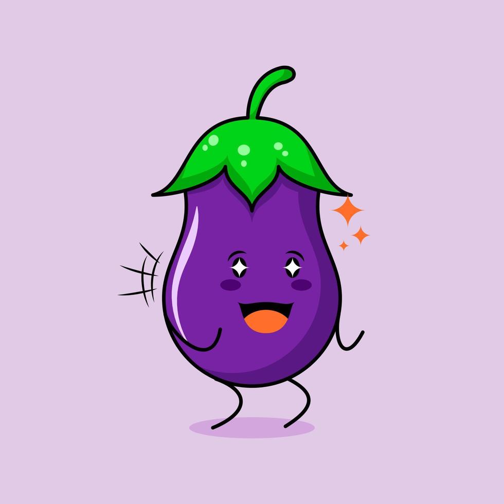 lindo personaje de berenjena con sonrisa y expresión feliz, dos manos apretadas y ojos brillantes. verde y morado. adecuado para emoticonos, logotipos, mascotas e iconos vector