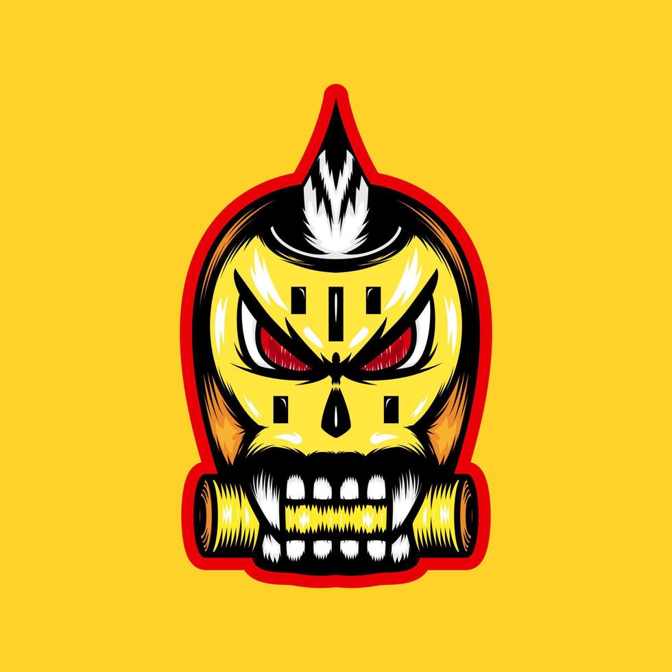 ilustración de monstruo de cráneo con colmillos. adecuado para mascotas, logotipos, iconos, símbolos y diseños de camisetas. amarillo, blanco y negro vector